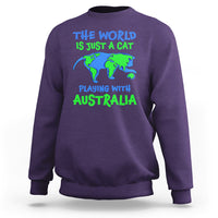 Purple crewneck sweatshirt with cat-and-Australia world graphic on front