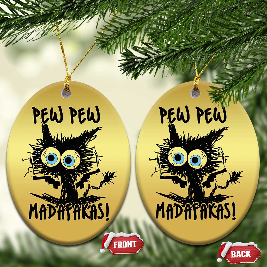 Gold round Christmas ornaments with burnt cat, blue eyes, 'PEW PEW MADAFakasi', front/back