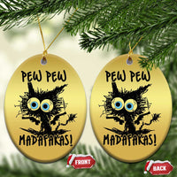 Gold round Christmas ornaments with burnt cat, blue eyes, 'PEW PEW MADAFakasi', front/back