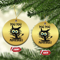 Gold round cat Christmas ornaments with 'PEW PEW MADAFakasi' and blue eyes, front and back tags