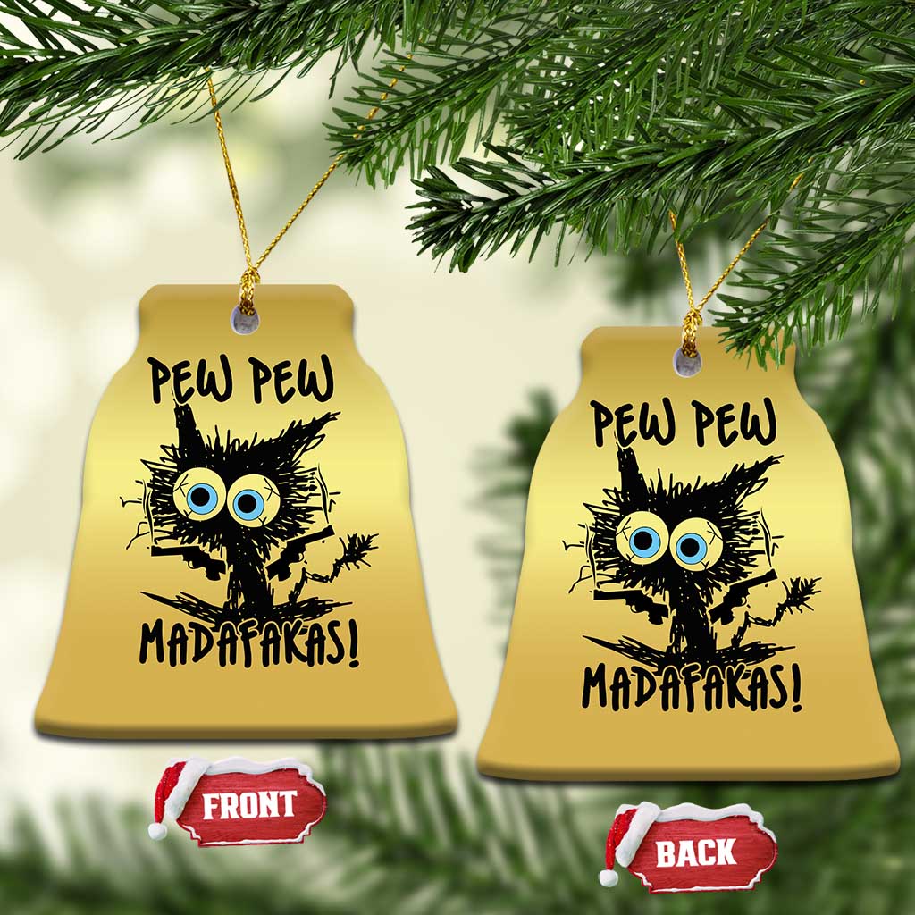 Gold bell-shaped Christmas ornaments with burnt cat and blue eyes, 'PEW PEW MADAFakasi', front/back
