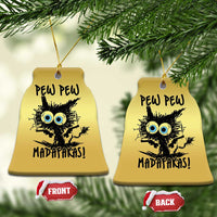 Gold bell-shaped Christmas ornaments with burnt cat and blue eyes, 'PEW PEW MADAFakasi', front/back