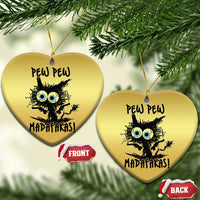 Gold heart-shaped Christmas ornaments with cartoon burnt cat, blue eyes, 'PEW PEW MADAFakasi'