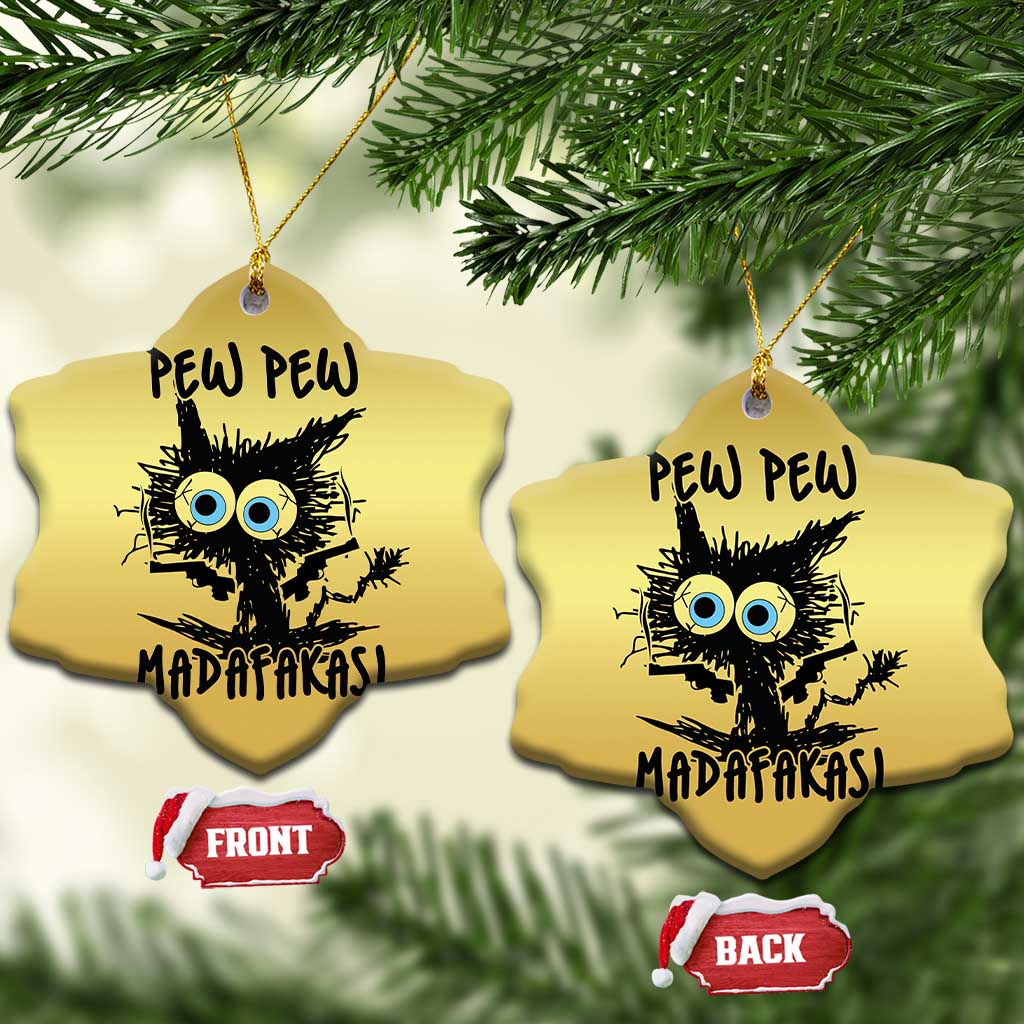 Gold star-shaped Christmas ornaments with burnt cat, blue eyes, 'PEW PEW' and 'MADAFakasi', front/back