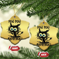 Gold star-shaped Christmas ornaments with burnt cat, blue eyes, 'PEW PEW' and 'MADAFakasi', front/back