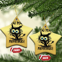 Gold star-shaped Christmas ornaments with cartoon burnt cat and blue eyes, 'PEW PEW MADAFakasi'