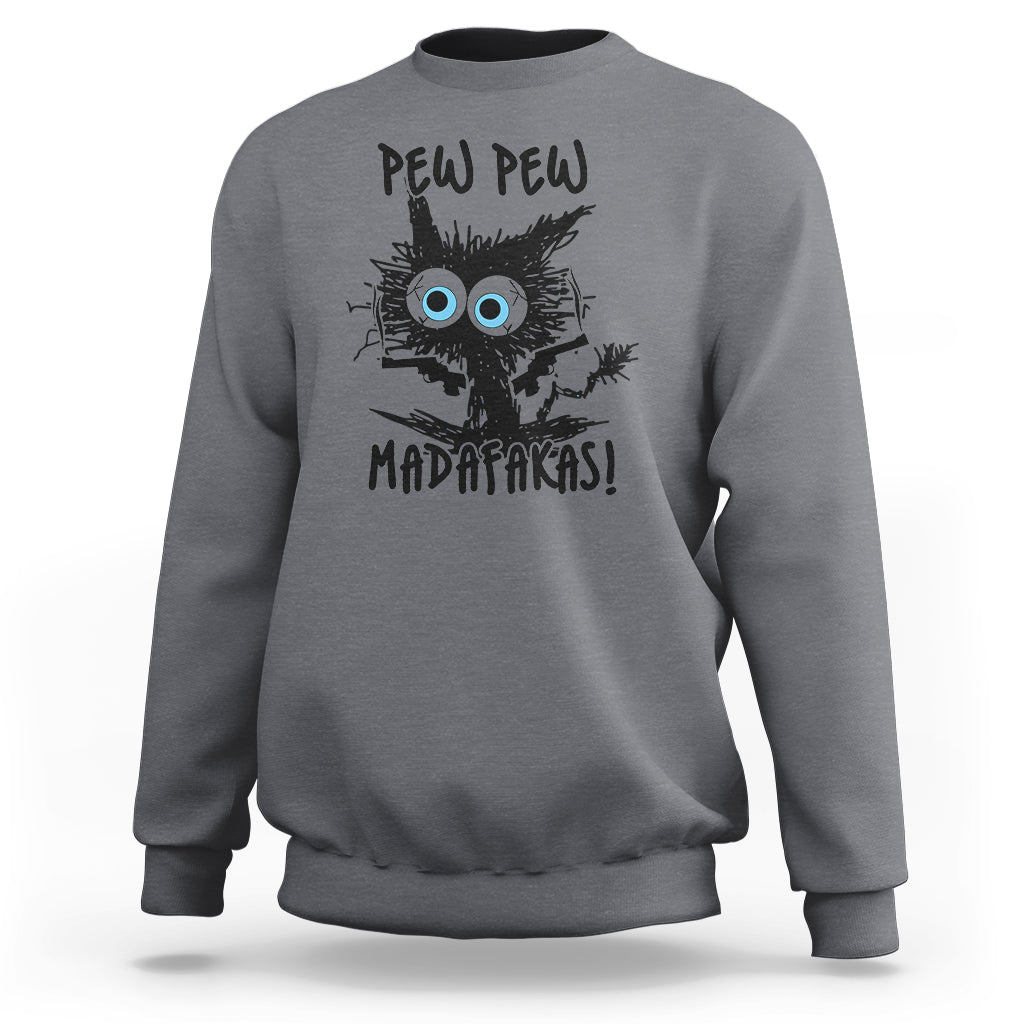 Charcoal gray crewneck sweatshirt with black cat "PEW PEW" front graphic
