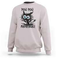 Light gray crewneck sweatshirt with black cat "PEW PEW" front graphic