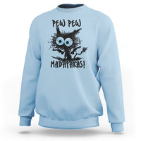 Light blue crewneck sweatshirt with black cat "PEW PEW" front graphic