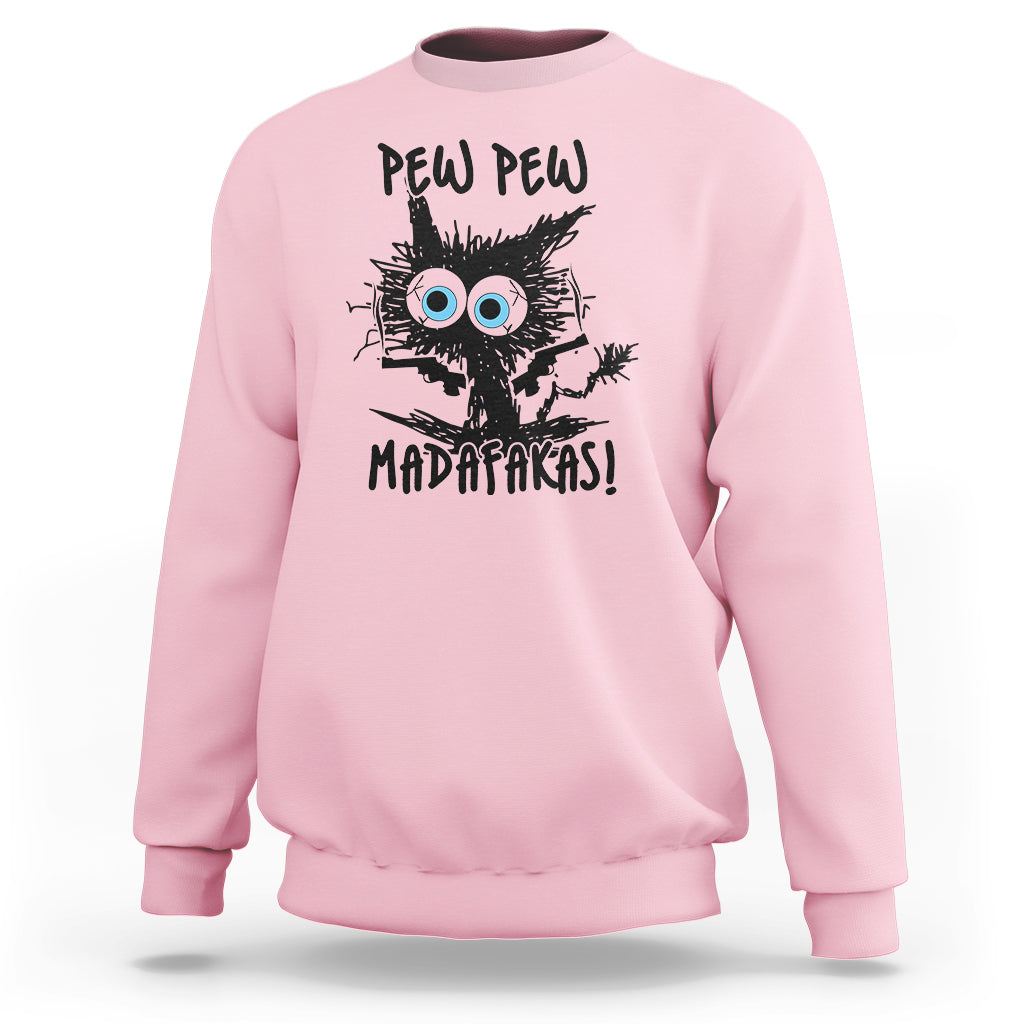 Light pink crewneck sweatshirt with black cat "PEW PEW" front graphic