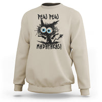Tan crewneck sweatshirt with black cat "PEW PEW" front graphic