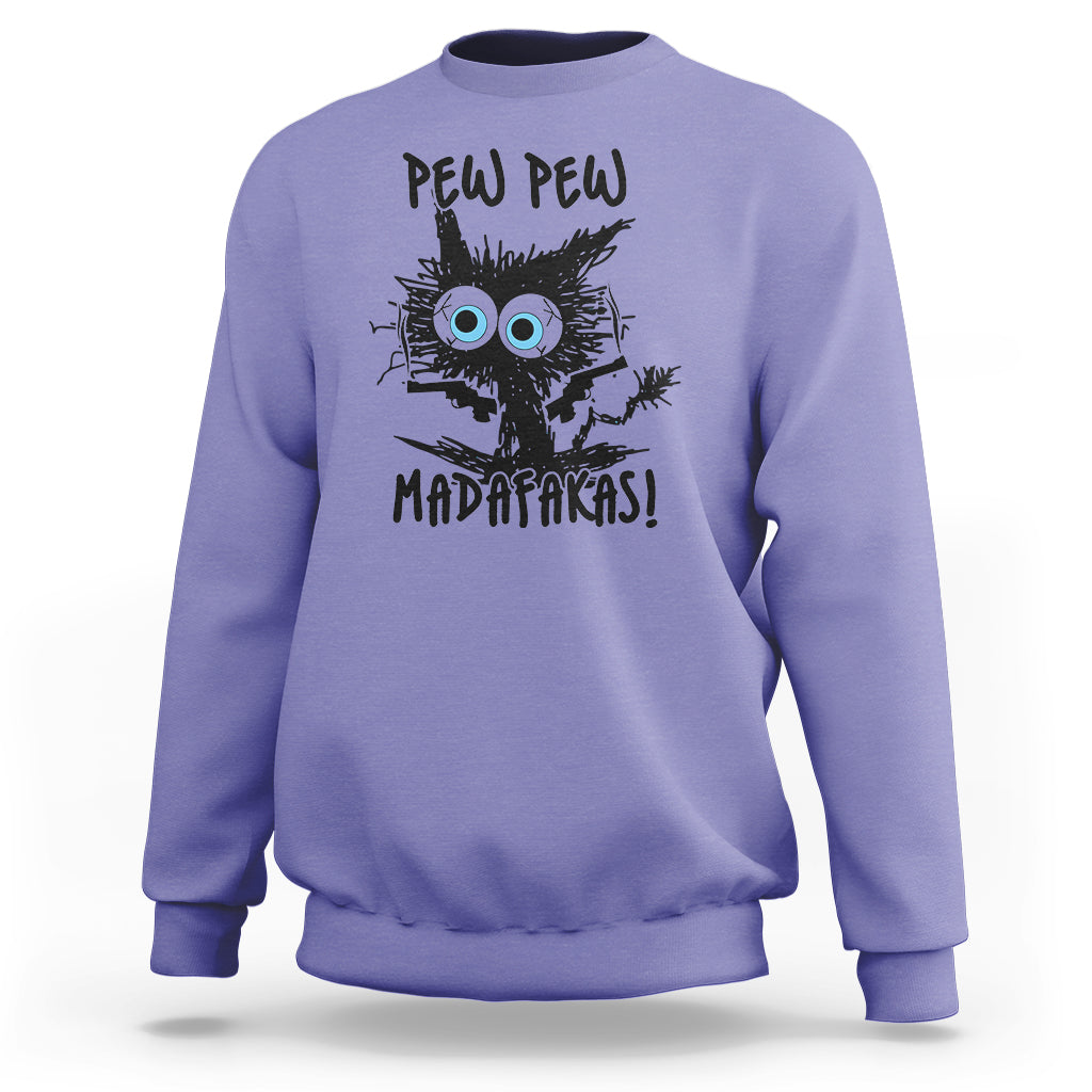 Purple crewneck sweatshirt with black cat "PEW PEW" front graphic