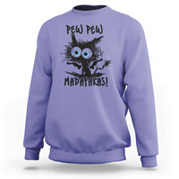 Purple crewneck sweatshirt with black cat "PEW PEW" front graphic