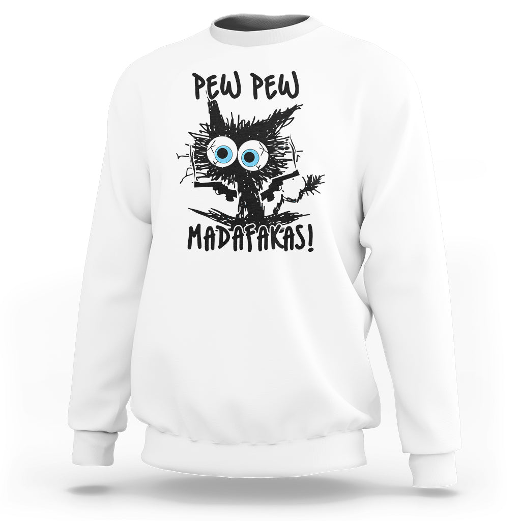 White crewneck sweatshirt with black cat "PEW PEW" front graphic