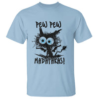 Light blue cat graphic T-shirt with “PEW PEW MATADAFKAS!” front print