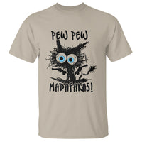 Sand beige cat graphic T-shirt with “PEW PEW MATADAFKAS!” front print