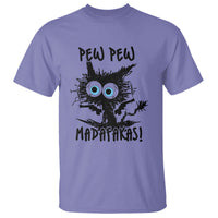 Purple cat graphic T-shirt with “PEW PEW MATADAFKAS!” front print