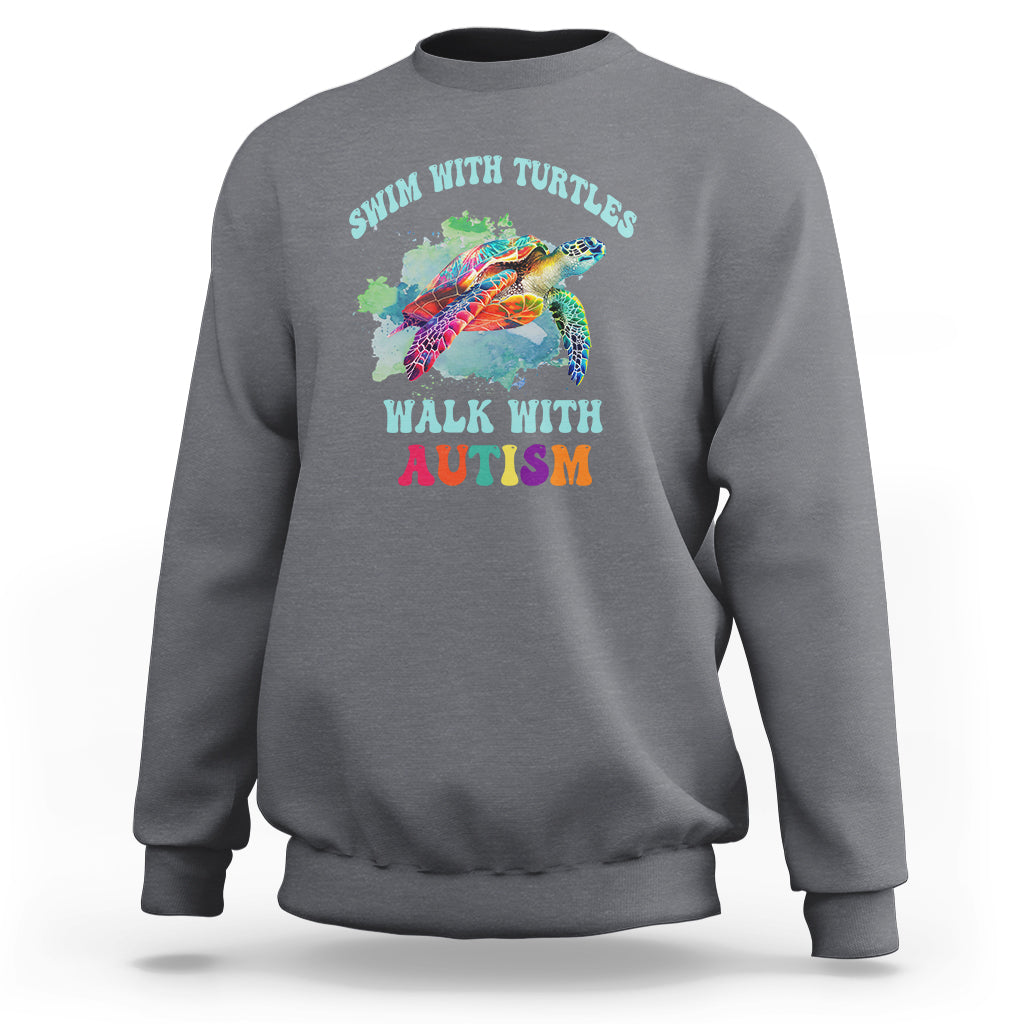 Charcoal crewneck sweatshirt with colorful turtle and autism acceptance graphic on chest