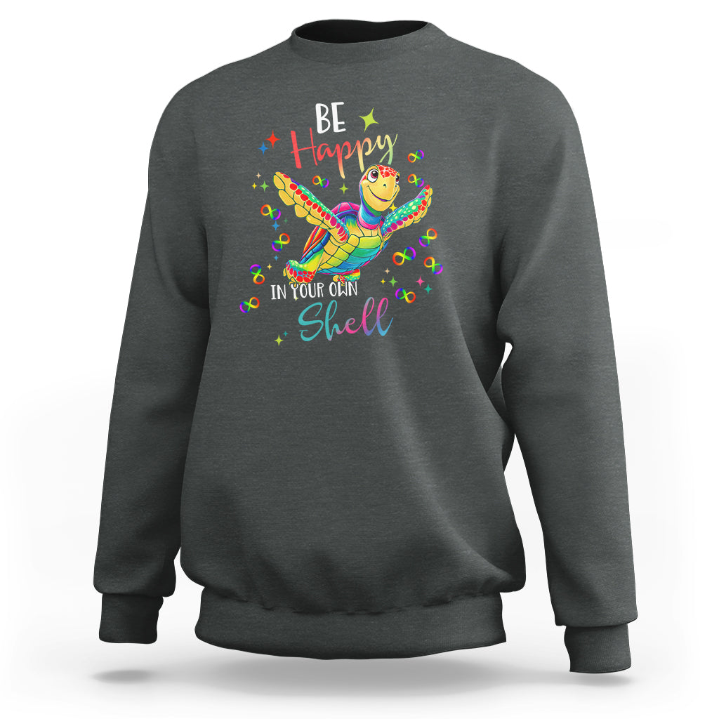 Dark heather crewneck sweatshirt with colorful turtle shell graphic on front