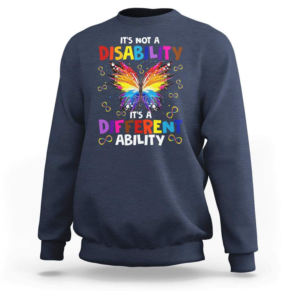 Navy crewneck autism sweatshirt with rainbow butterfly slogan graphic