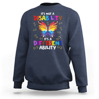 Navy crewneck autism sweatshirt with rainbow butterfly slogan graphic