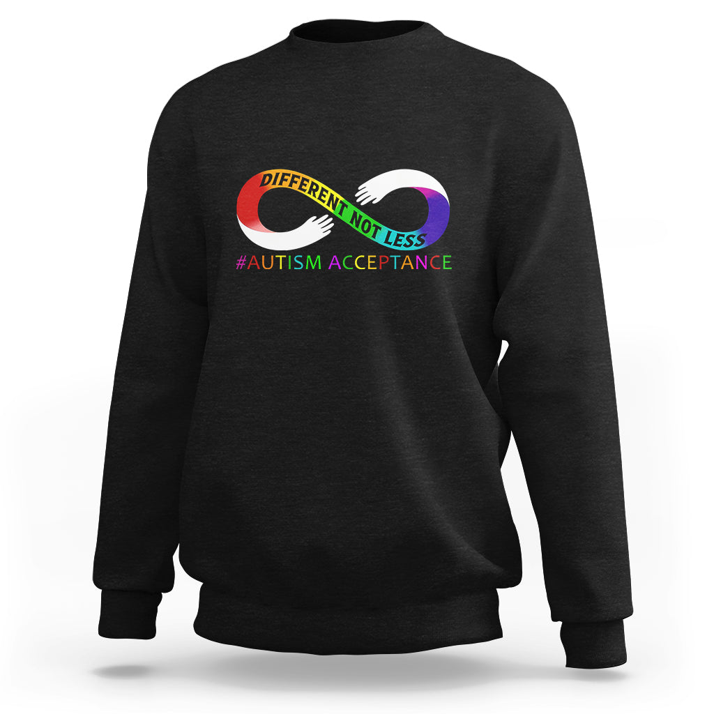 Autism acceptance sweatshirt in black, with rainbow infinity heart logo