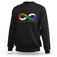 Autism acceptance sweatshirt in black, with rainbow infinity heart logo