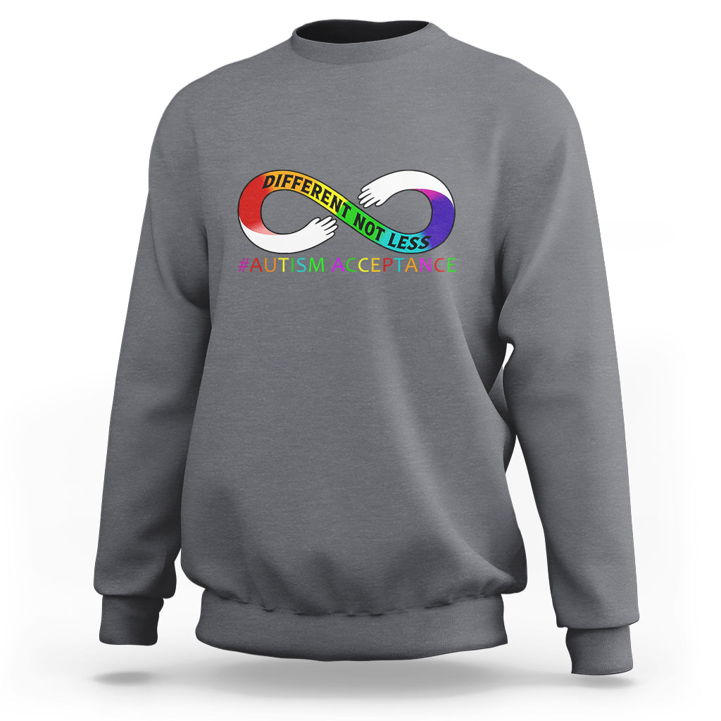 Autism acceptance sweatshirt in charcoal gray, with rainbow infinity heart logo