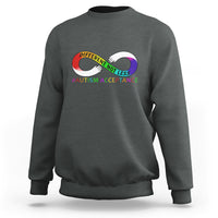 Autism acceptance sweatshirt in dark heather gray, with rainbow infinity heart logo