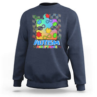 Navy crewneck sweatshirt with colorful puzzle piece Autism Acceptance graphic on front
