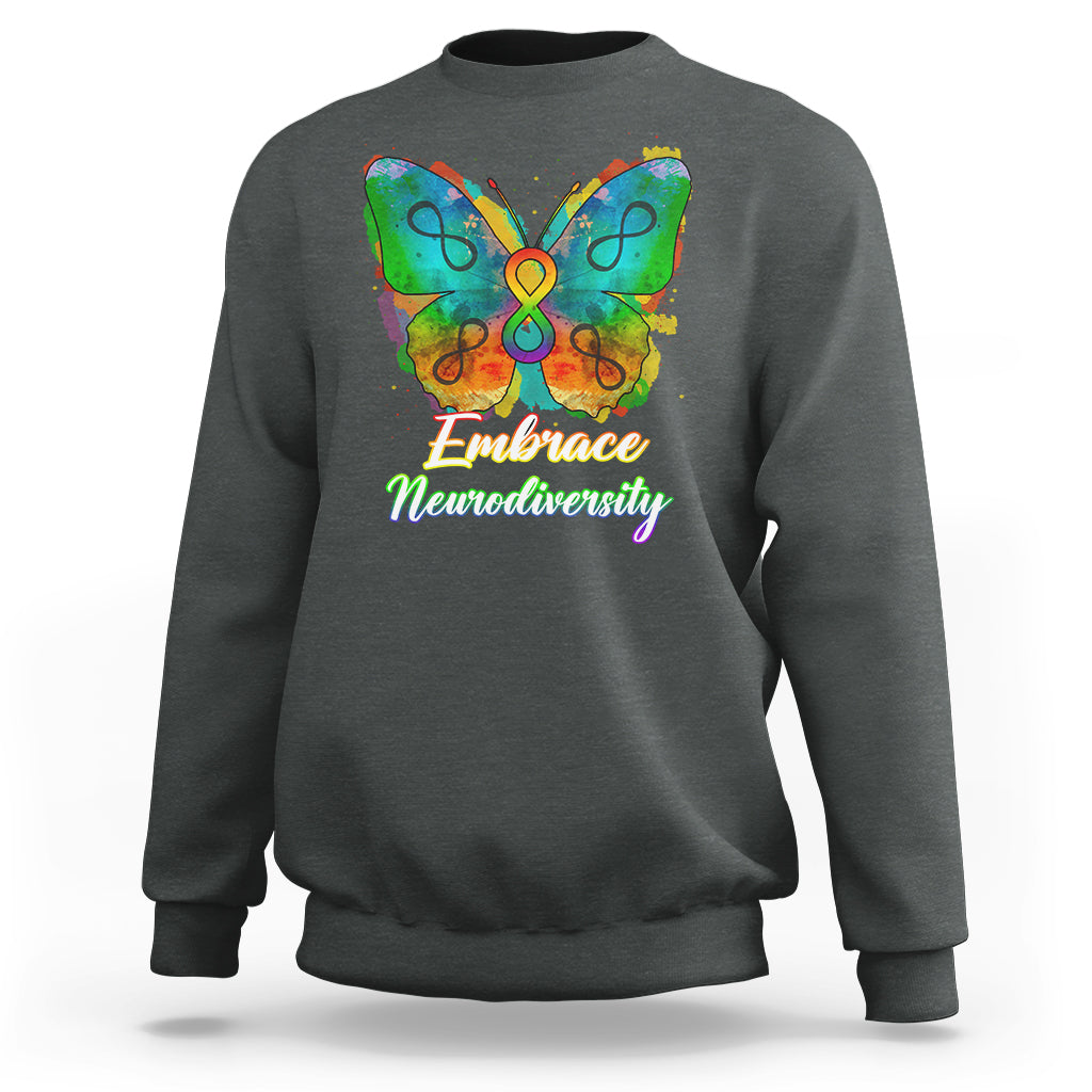 Dark gray sweatshirt with rainbow butterfly graphic and “Embrace Neurodiversity” text