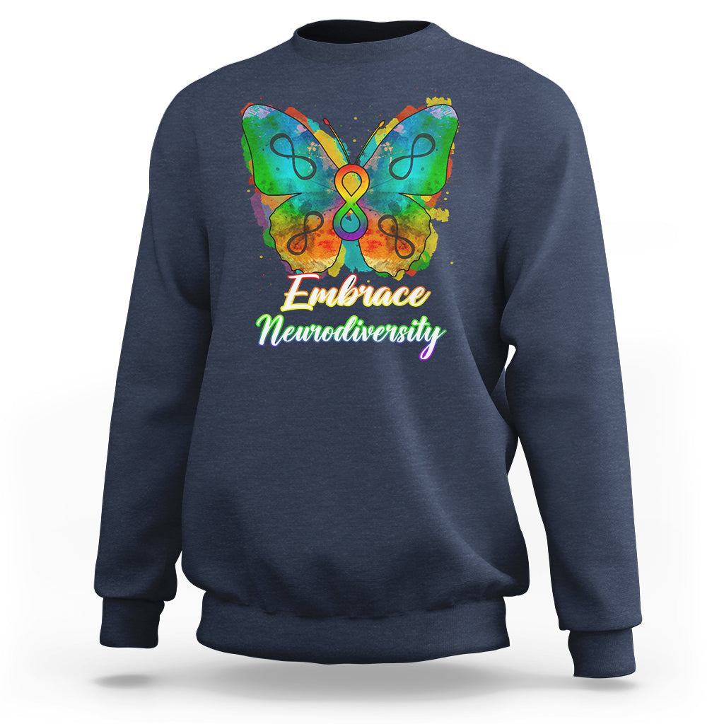Blue sweatshirt with rainbow butterfly graphic and “Embrace Neurodiversity” text