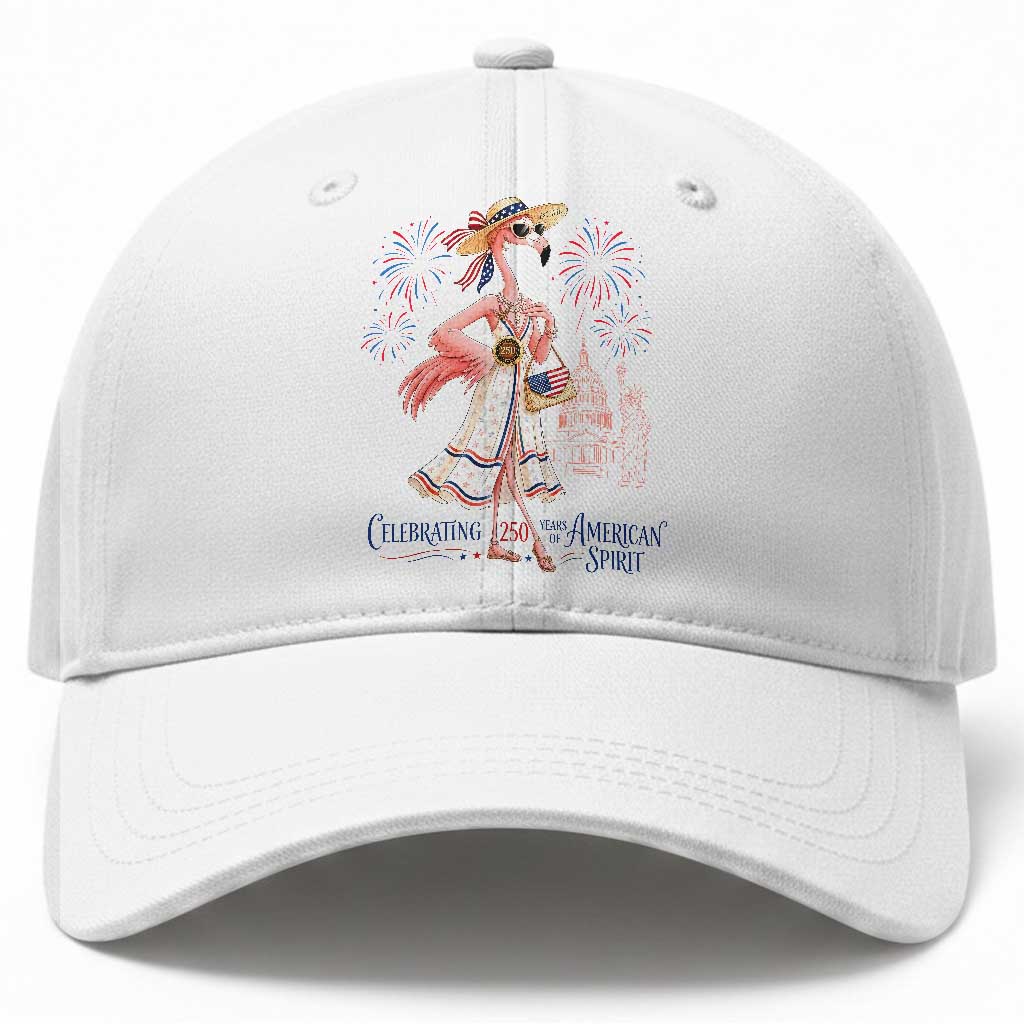 Celebrating 250 Years of American Spirit Flamingo Baseball Cap Cute Patriotic Tropical Bird Summer Landmarks Fireworks