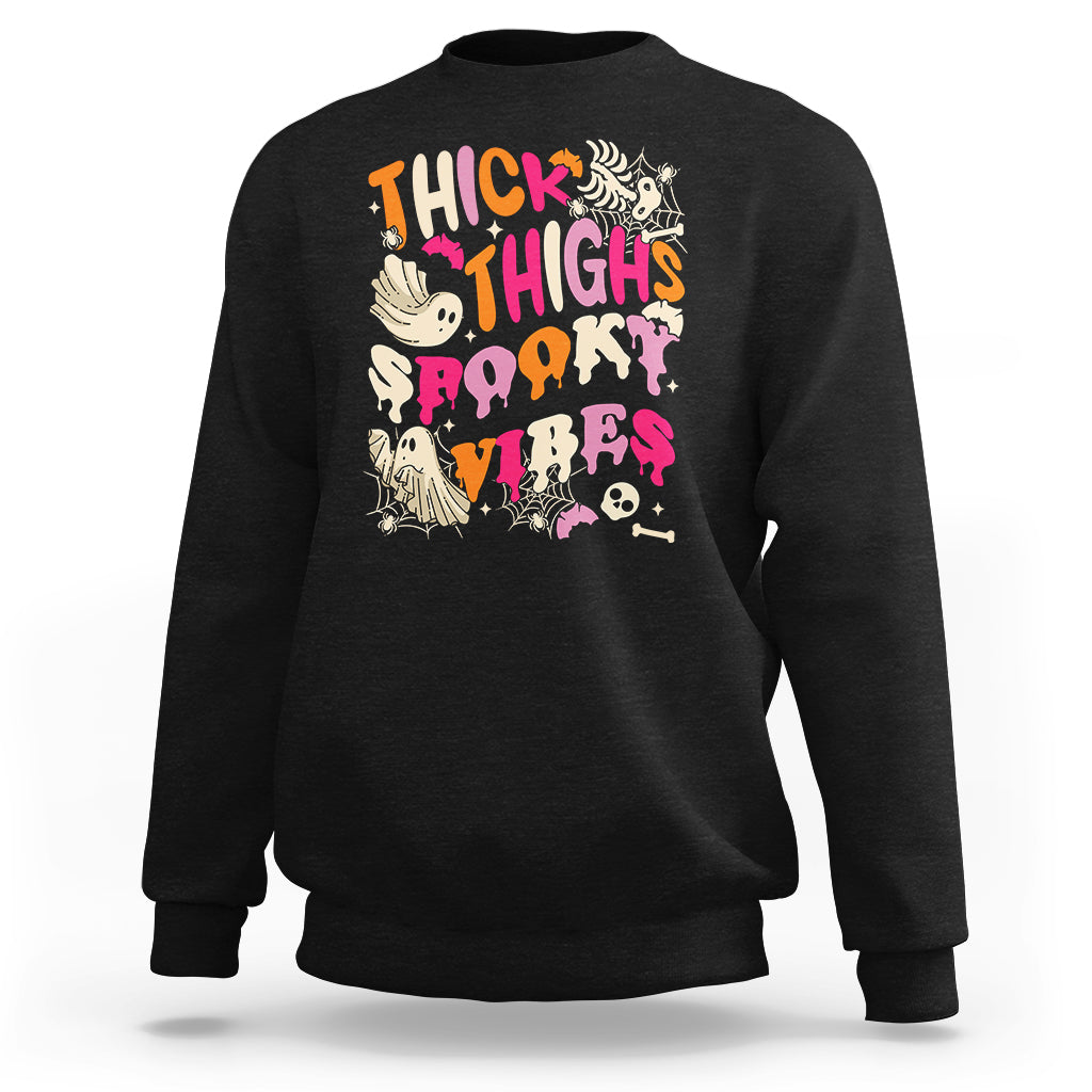 Black Halloween sweatshirt with “Thick Thighs Rockin Vibes” graphic