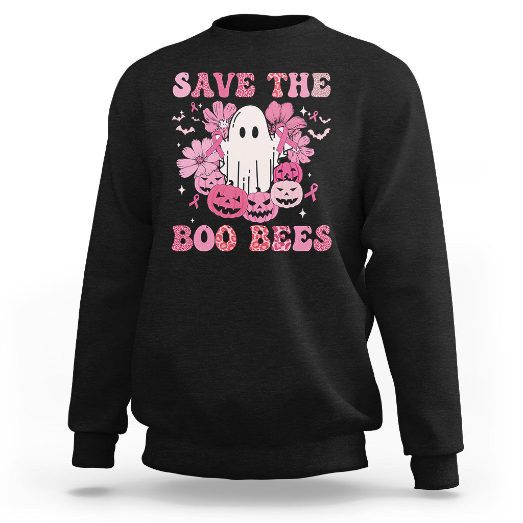 Black Halloween sweatshirt with pink ghost-and-bee graphic, 'SAVE THE BOO BEES'.