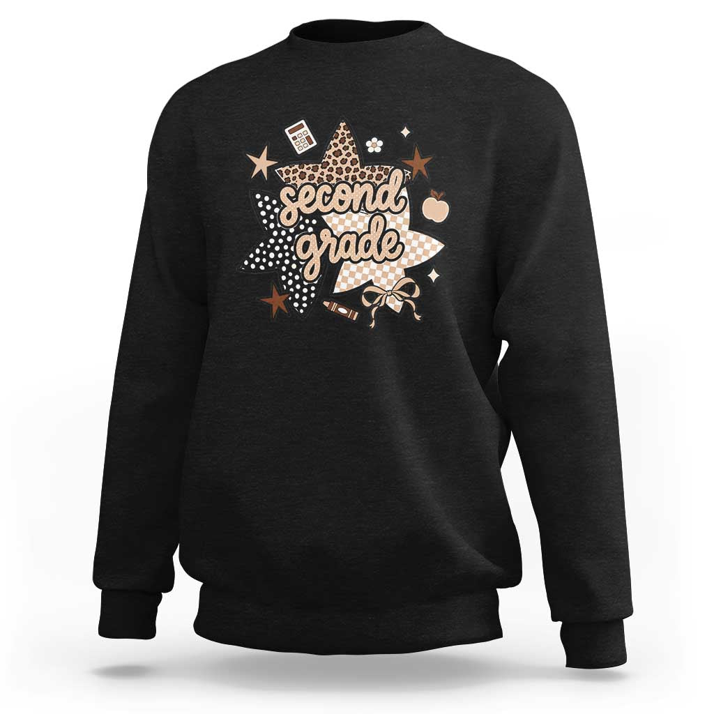 Second Grade Leopard Checkered Star Coquette Sweatshirt Cute 2nd Grade Girl Back to School Gift