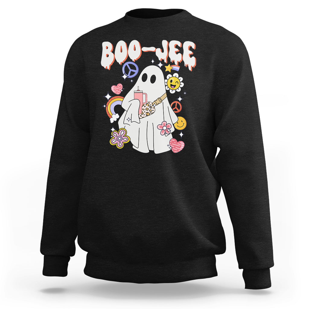 Black Halloween ghost graphic sweatshirt with colorful peace signs, flowers, and BOO-JEE print