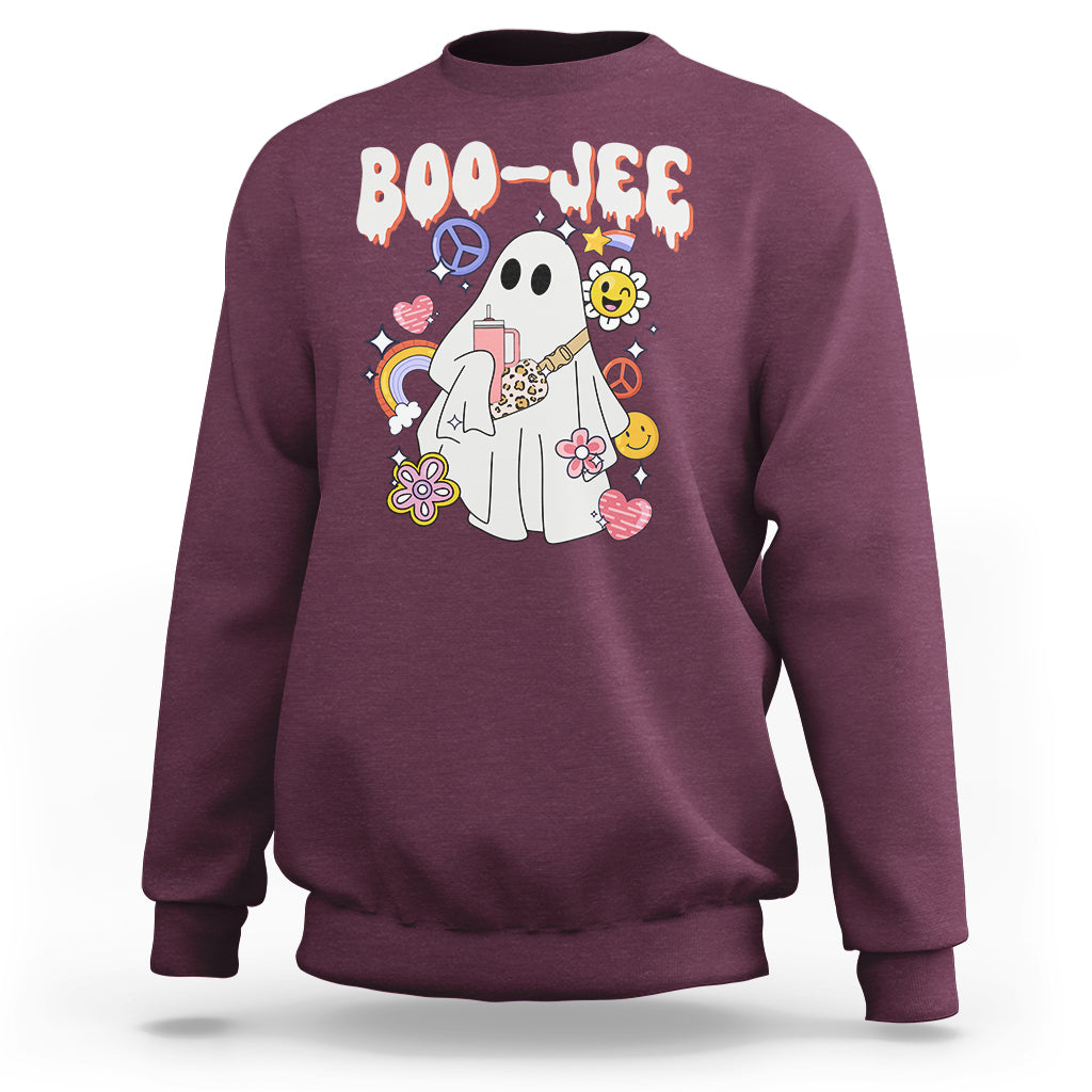 Maroon Halloween ghost graphic sweatshirt with colorful peace signs, flowers, and BOO-JEE print