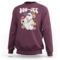 Maroon Halloween ghost graphic sweatshirt with colorful peace signs, flowers, and BOO-JEE print