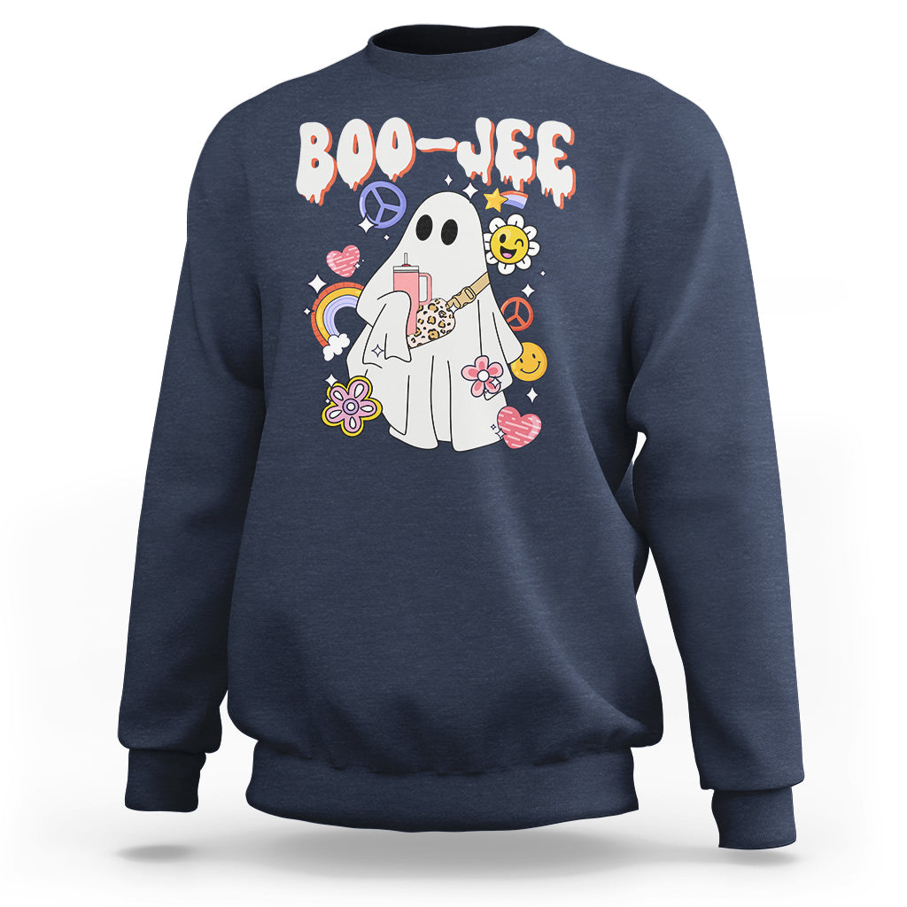 Navy Halloween ghost graphic sweatshirt with colorful peace signs, flowers, and BOO-JEE print