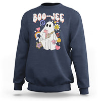 Navy Halloween ghost graphic sweatshirt with colorful peace signs, flowers, and BOO-JEE print