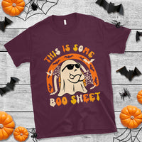 Maroon Halloween graphic T-shirt with smiling ghost and "BOO SHEET" text