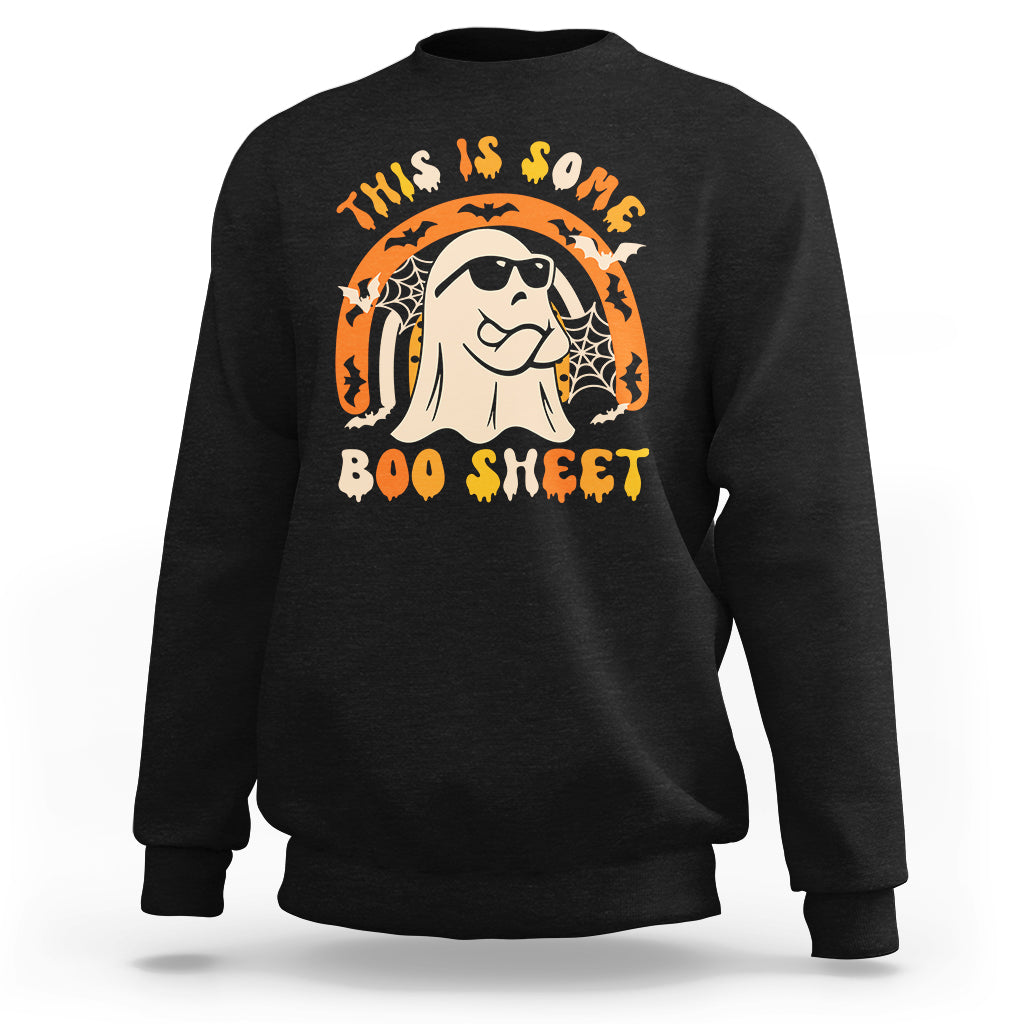 Black Halloween ghost sweatshirt with 'Boo Sheet' graphic on chest