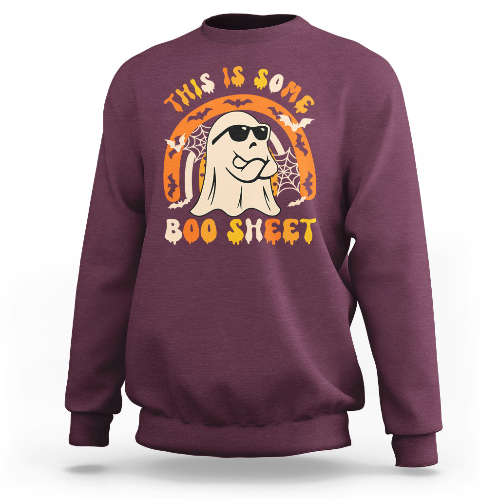 Maroon Halloween ghost sweatshirt with 'Boo Sheet' graphic on chest