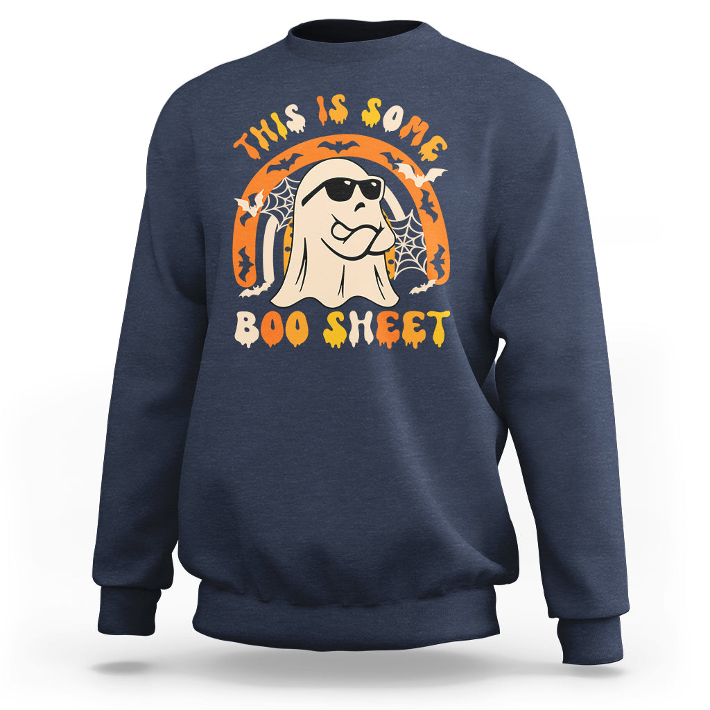 Navy Halloween ghost sweatshirt with 'Boo Sheet' graphic on chest