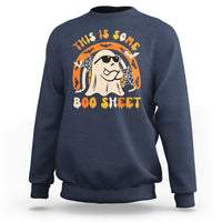 Navy Halloween ghost sweatshirt with 'Boo Sheet' graphic on chest