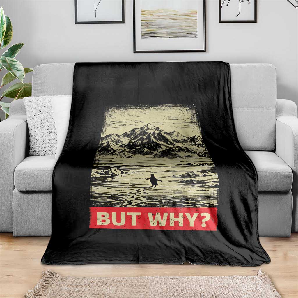 Retro Nihilist Penguin But Why Meme Throw Blanket Distressed Existential Moody Vintage Quiet Thinkers