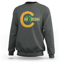 Dark heather crewneck sweatshirt with “Hi-Rish” shamrock graphic on the chest