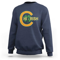 Navy crewneck sweatshirt with “Hi-Rish” shamrock graphic on the chest