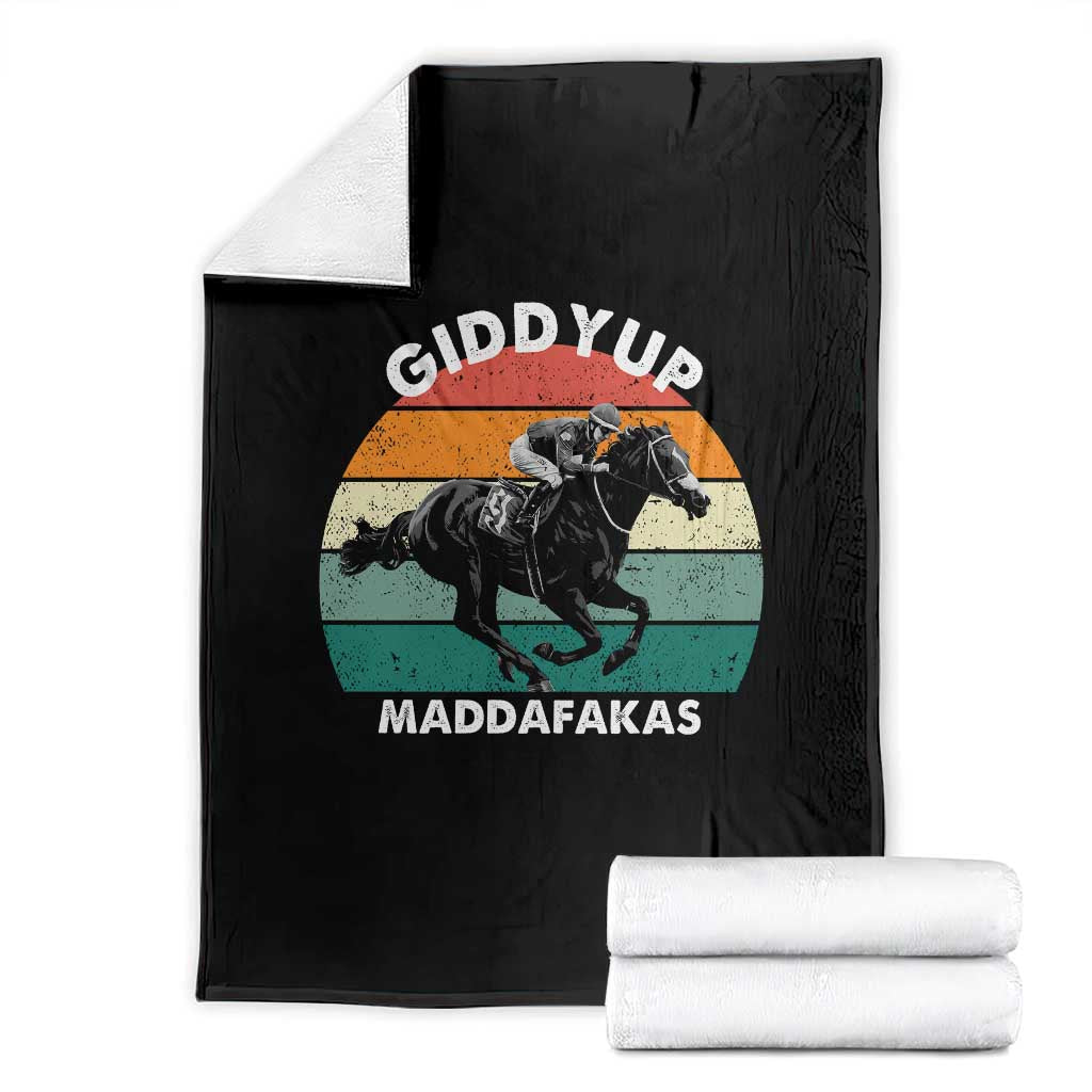 Giddy Up Madafakas Retro Sunset Horse Racing Throw Blanket Funny Sarcastic Equestrian Jockey Vintage 70s